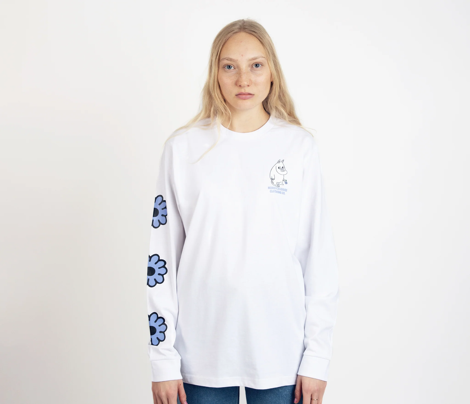 MOOMIN54B4_2048x.png Moomintroll's Flower Longsleeve Shirt With Cuffrib Unisex - White - Image 1